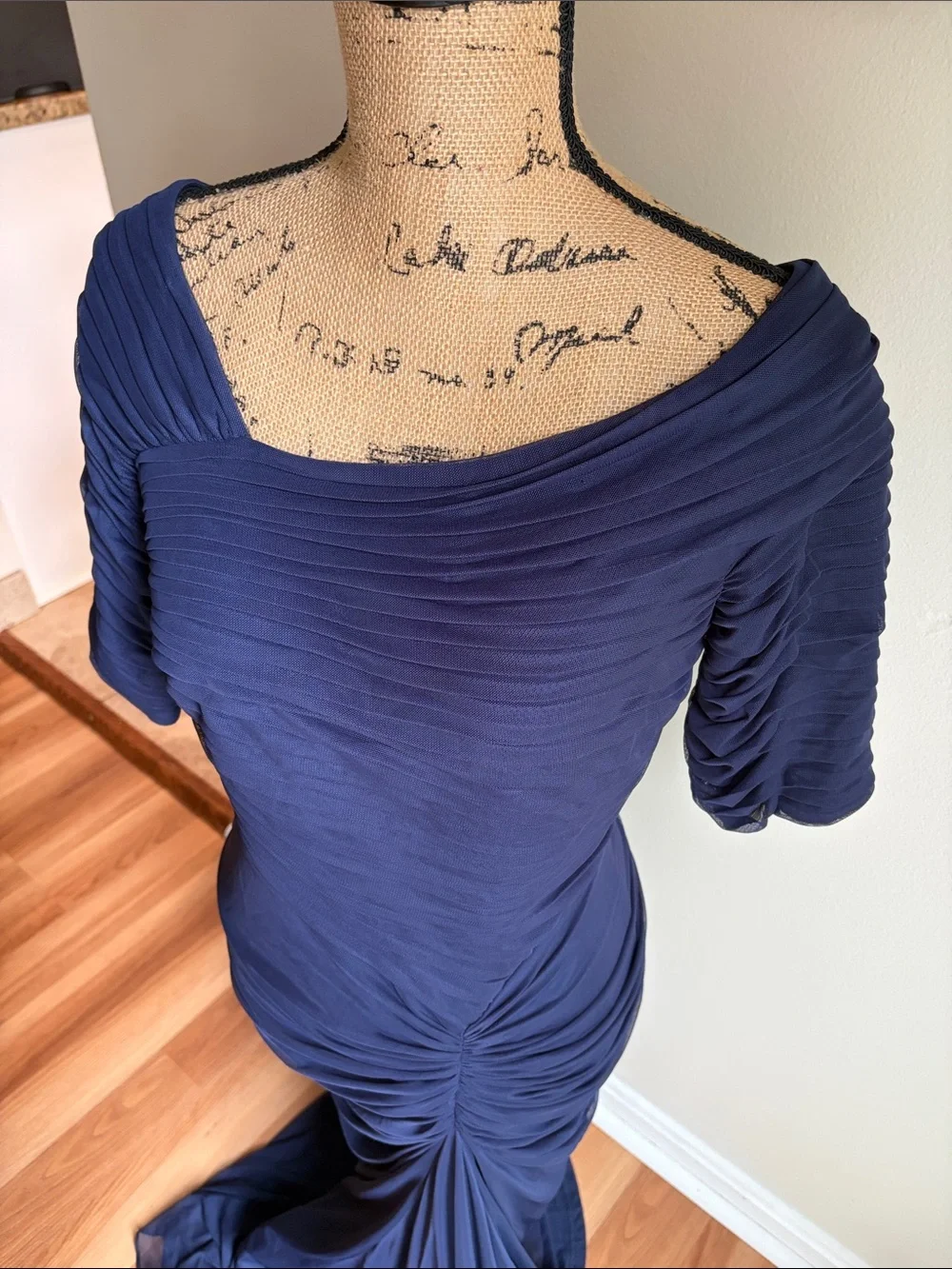 Tadashi Shoji navy blue draped mesh evening gown fitted